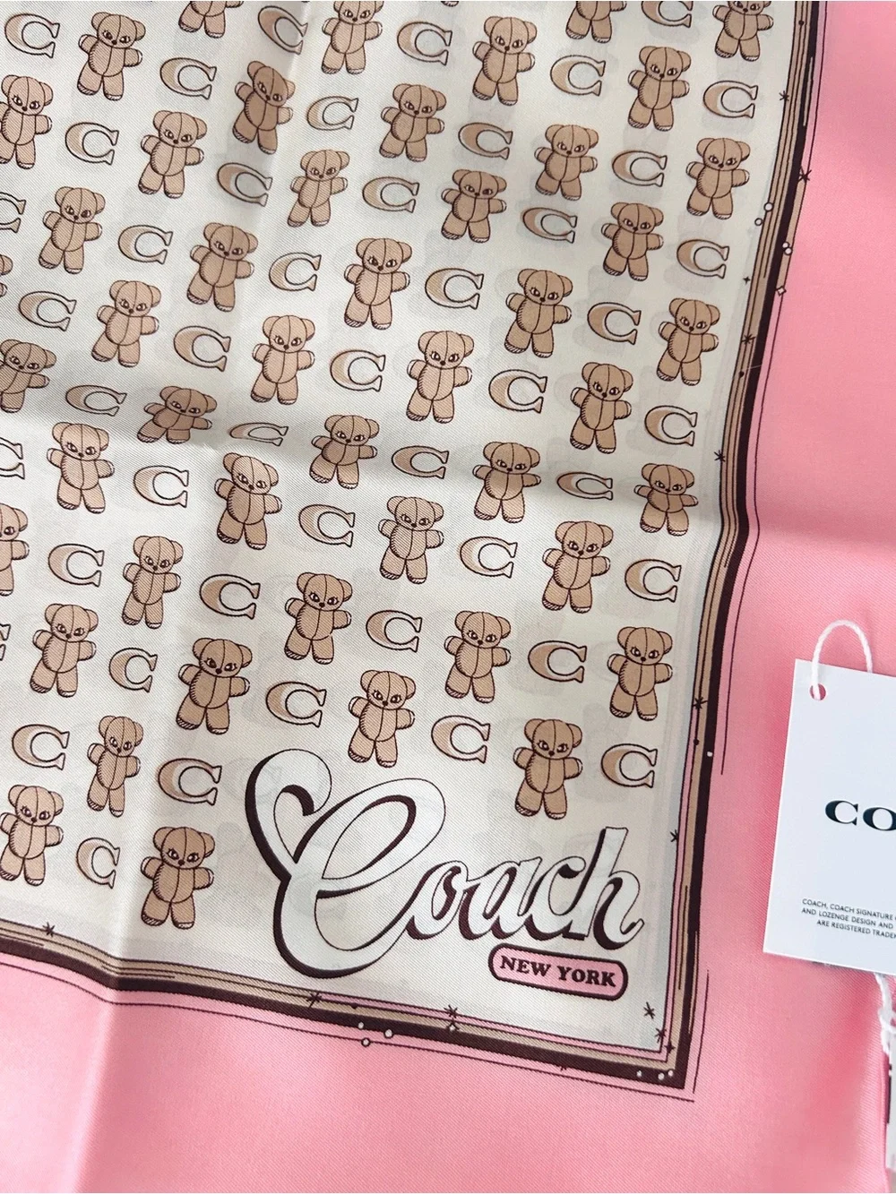 NWT🧸Coach Bear Stuffie Print Silk Bandana Pink CFG32 Hair Scarf Gift 23" x 23" - Picture 3 of 6